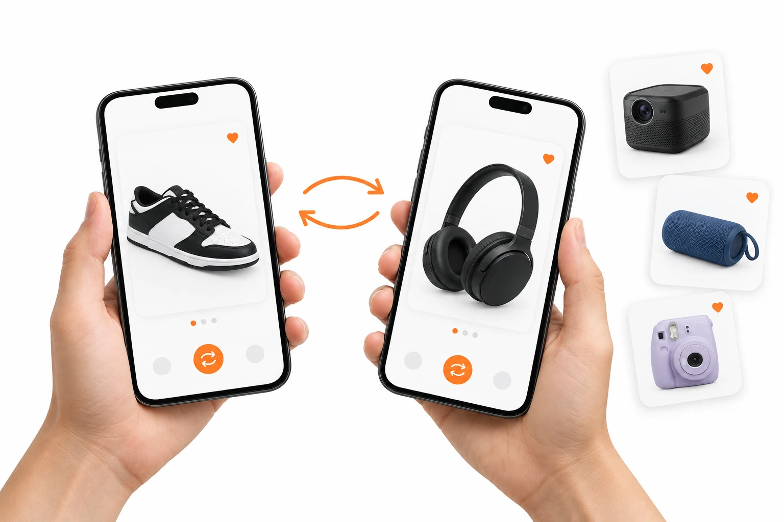 Zwei Smartphones zeigen Sneaker und Kopfhörer als mögliche Tauschartikel.